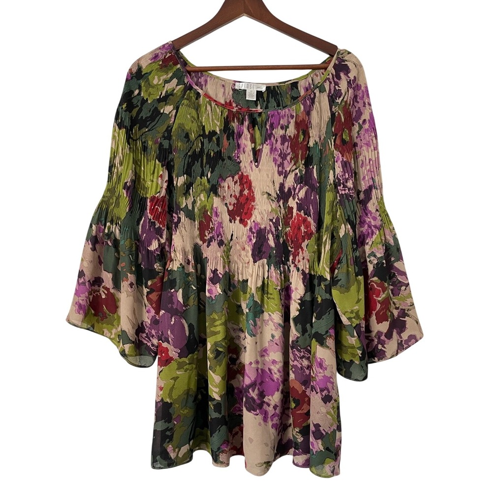 Spense 2X Floral Tunic Blouse Pleated Bell Sleeve Boho Flowy Watercolor Artsy